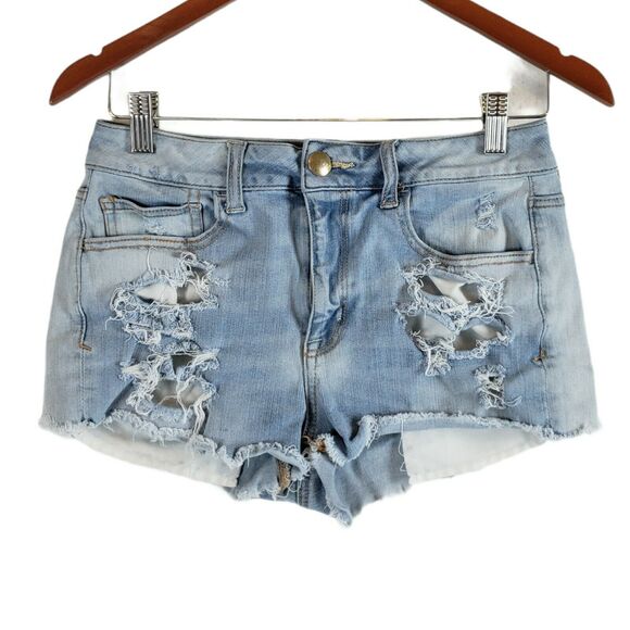 American Eagle AEO High Rise Shortie Size 6 Jean Shorts Distressed Cut Offs - Picture 1 of 7